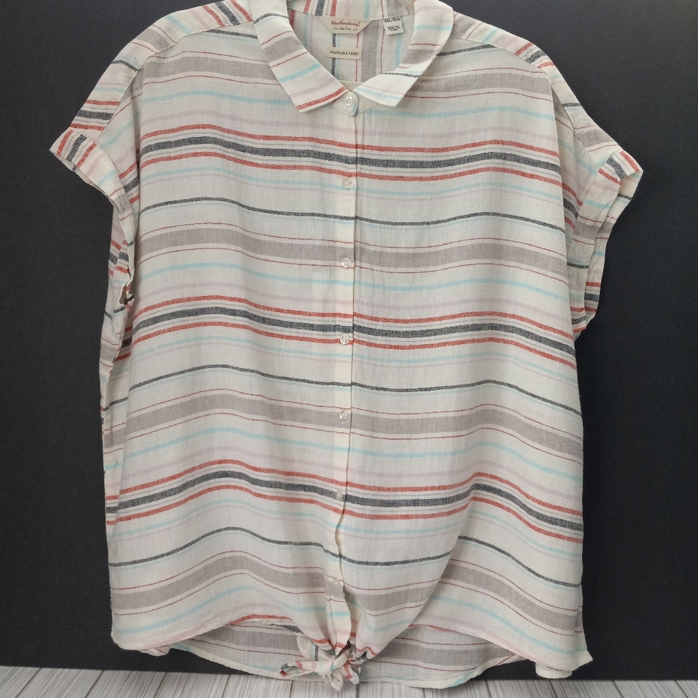Weatherproof Tie Front Linen Blend Striped Top